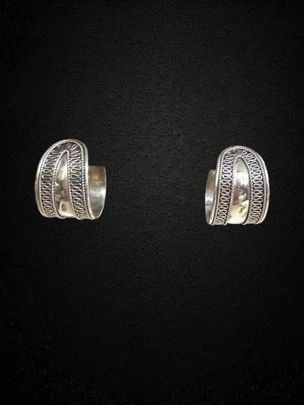 Vintage 925 Sterling Silver Wide Hoop Earrings Ornate Filigree Boho Statement